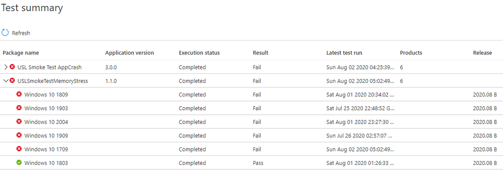 The Test Summary page displays failure because of memory regression