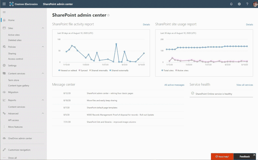 Cycling through several SharePoint admin center pages used to manage sites, optimize experiences across multiple regions, adjust sharing controls, plan and execute migrations, and more.