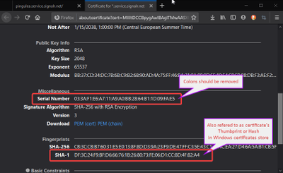 The certificate Thumprint is a computed Hash, SHA-1