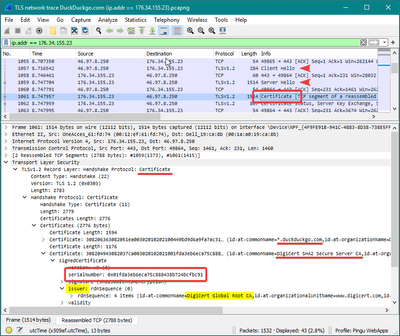 A network trace with Wireshark reveals the server certificate