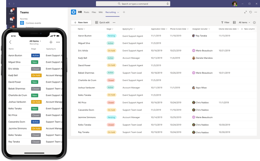 The new Lists app experience in Microsoft Teams, for mobile on the left and for Web and desktop on the right.