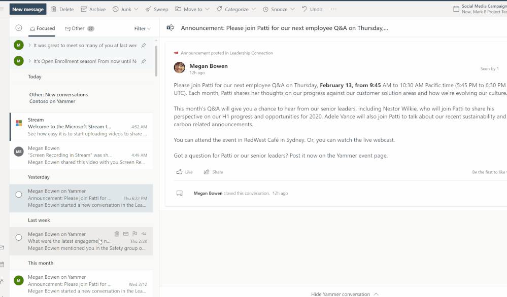 Like, comment, or post to a Yammer community from the email notification