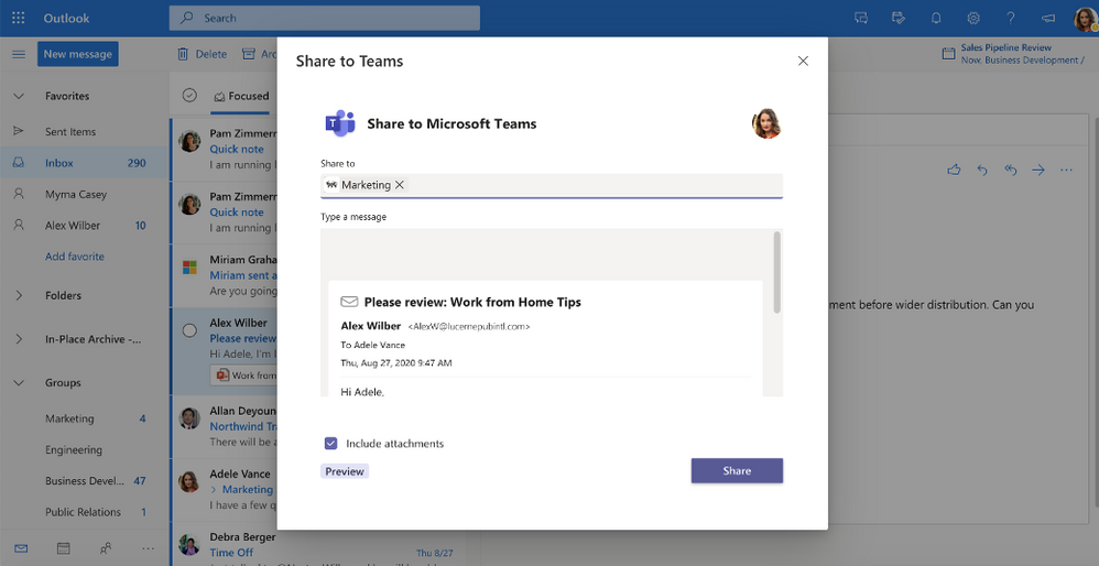 Share emails to Teams with the Share to Teams option available from the overflow menu