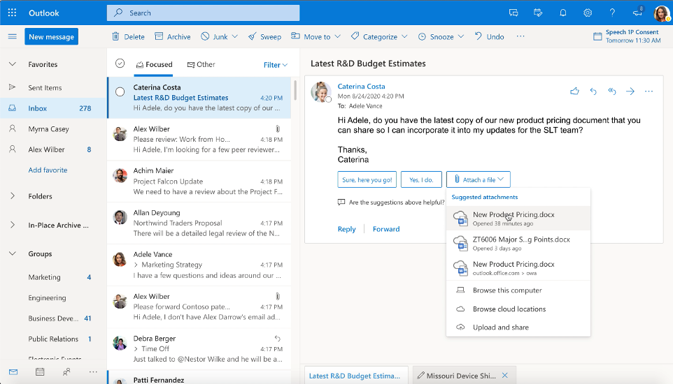 Respond to emails faster by letting Outlook find the file you need.