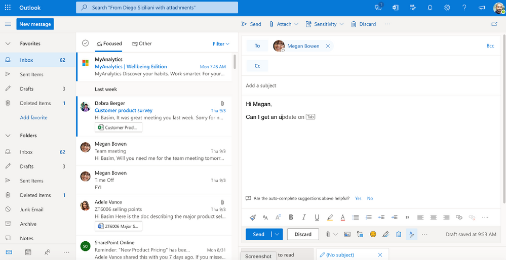 Write less and do more with text predictions in Outlook