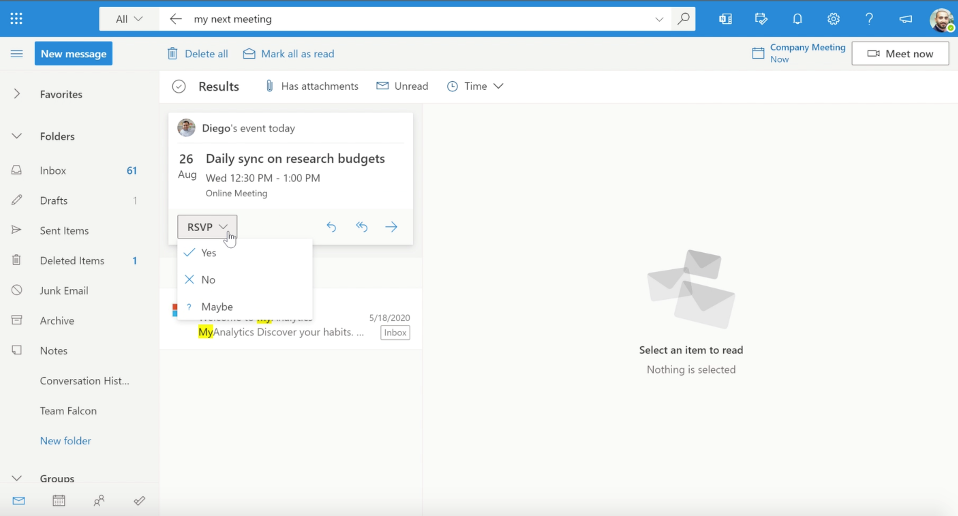 Find information about an upcoming meeting and take action with search in Outlook