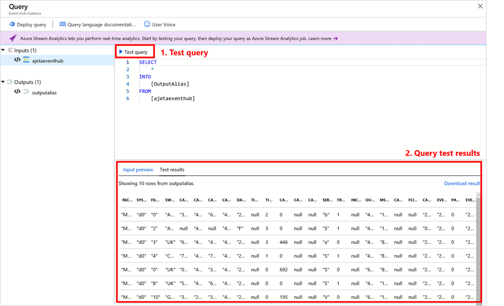 Test your query in Azure portal by using a local file or sample of live data