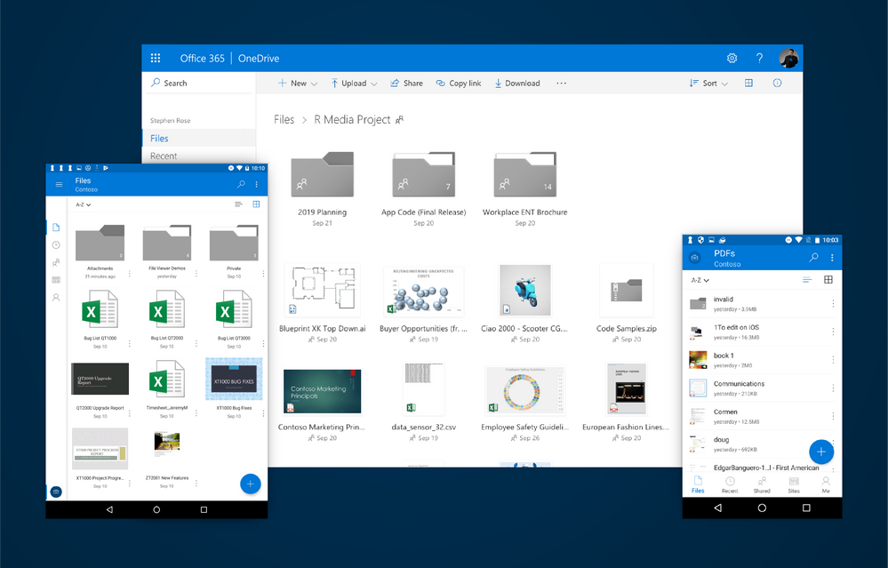 A laptop, a phone and a tablet showing OneDrive and SharePoint's new design for list and tiles.