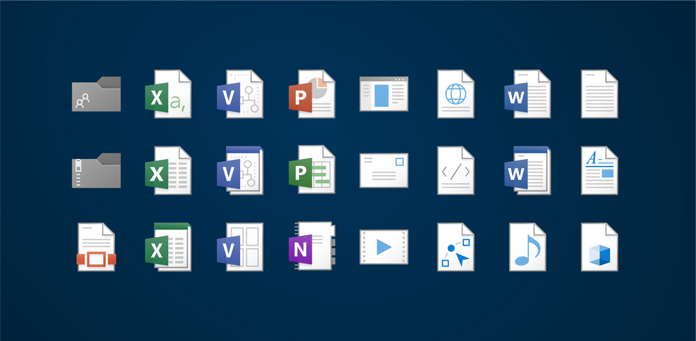 A diagram illustrates the alignment of visual elements that make up the design of all file type icons, and a selection of various icons used for different kinds of files.