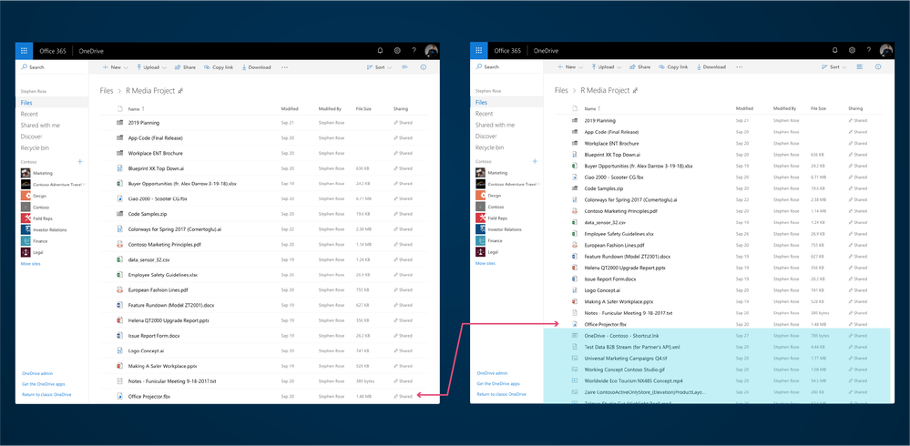 A side-by-side comparison of the normal files list and the new compact list, showing how it shows you more items.