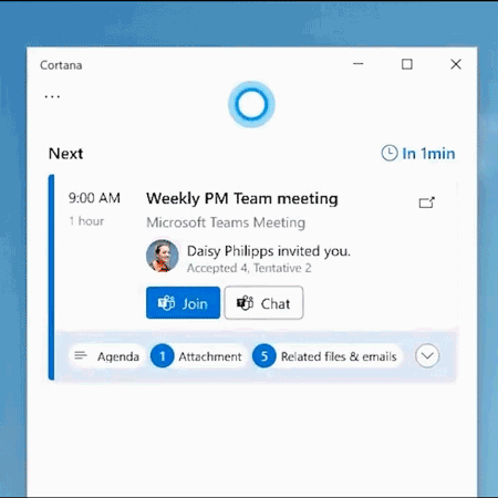 Cortana intelligently surfaces an upcoming meeting and prep materials