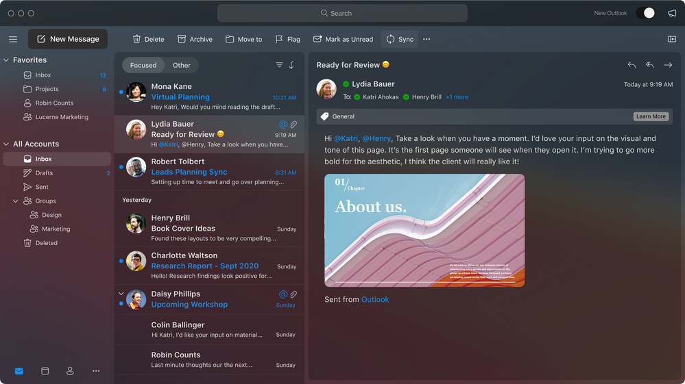 Outlook gives you the ability to personalize your experience with options such as Dark Mode, swipe gestures, add-ins, and a customizable toolbar.