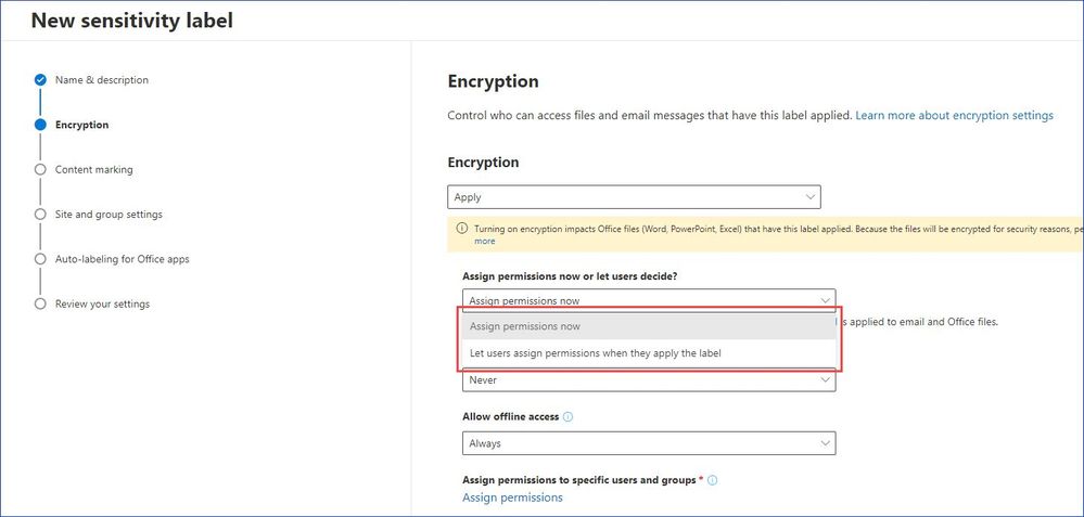 Figure 1: Creating a new sensitivity label in the Microsoft 365 Compliance center.