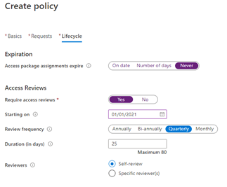 The “Create policy” screen in the Azure portal for an Azure AD access package, showing the lifecycle tab in which quarterly reviewing access reviews are required.