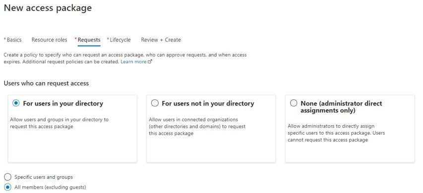 The “New access package” screen in the Azure portal, creating a policy for all member users to be able to request.