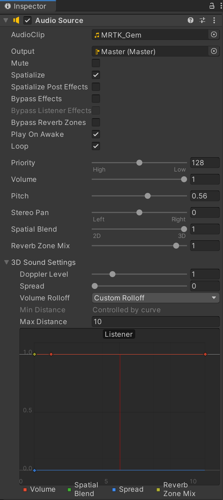 Unity Audio Source settings to enable spatial audio and disable distance attenuation