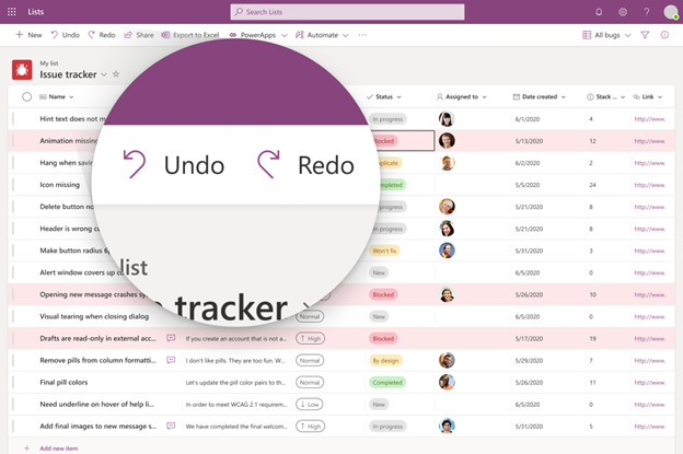 Click Undo or Redo to revert changes or remove mistakes within Microsoft Lists.