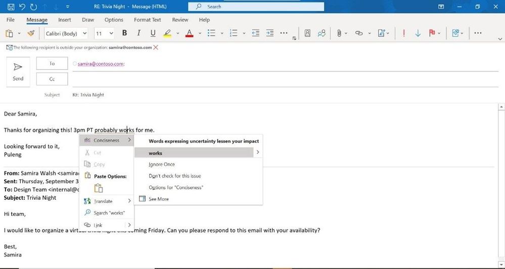 Spelling, synonyms, grammar, suggested refinements with Editor in Outlook for Windows