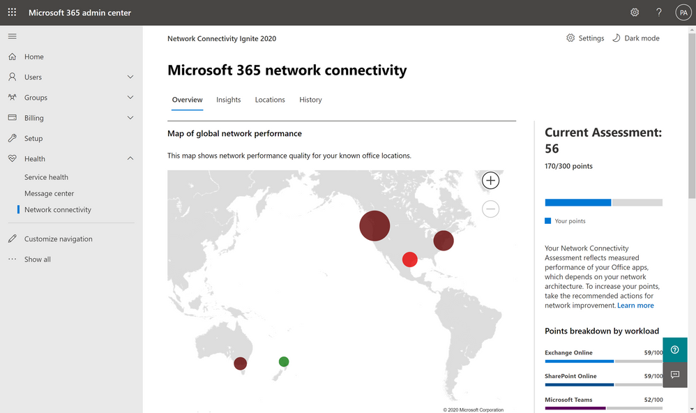 Network connectivity page in the Microsoft 365 Admin Center