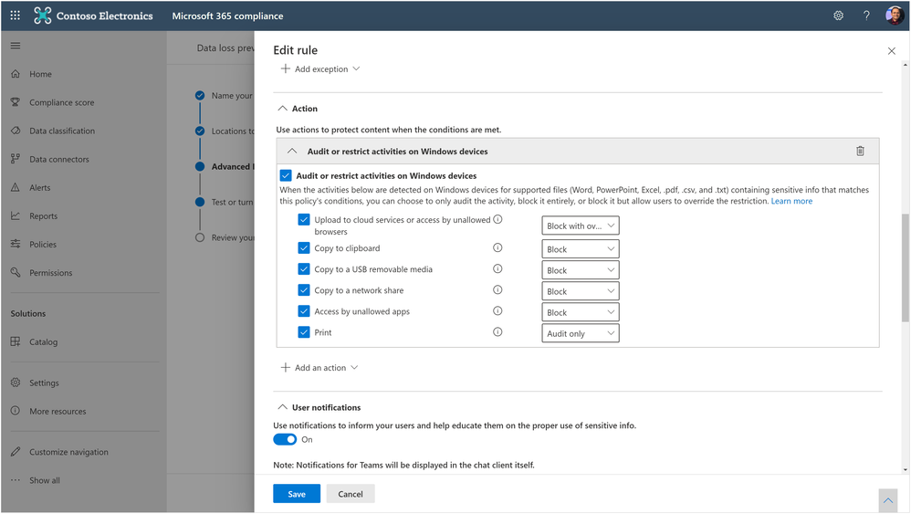 Figure. Microsoft 365 compliance admin editing the end point DLP policy rules