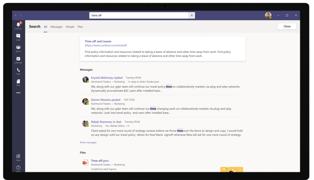 New search experience in Microsoft Teams powered by Microsoft Search.