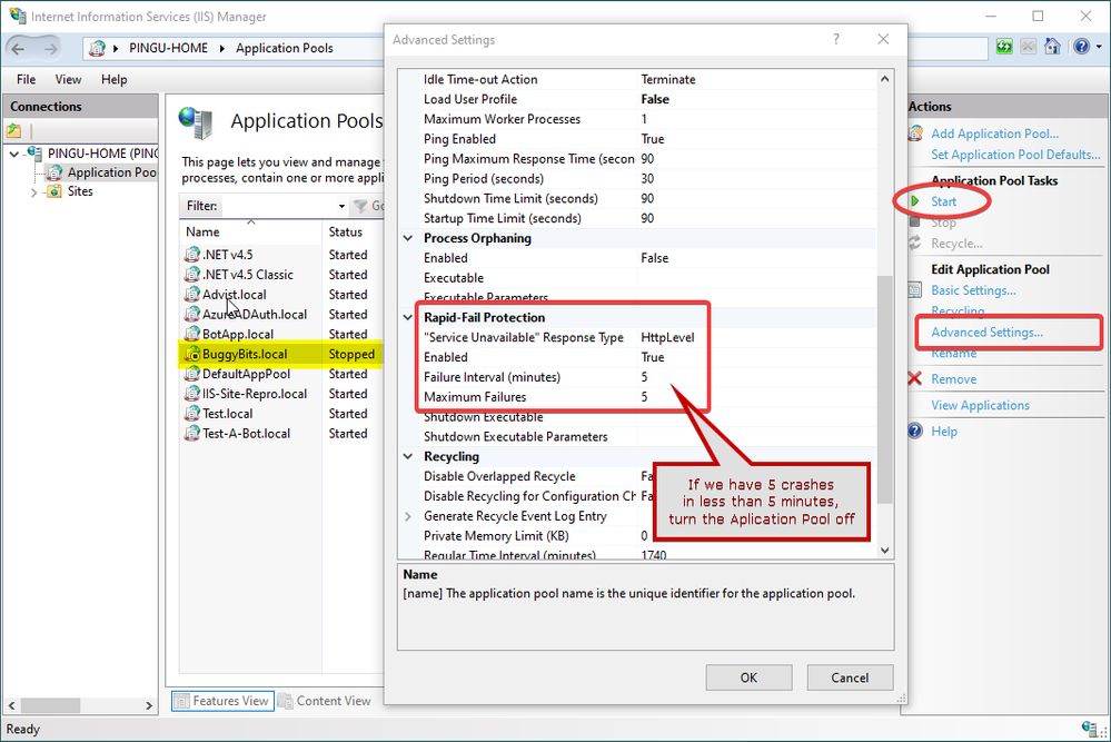 Img 1, Rapid-Fail Protection settings for an Application Pool