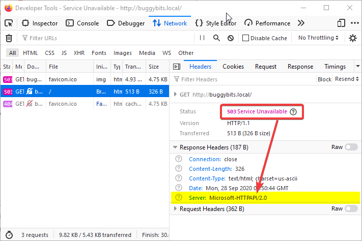 Img 5, With a 503 Response, the Server header is HTTP.SYS