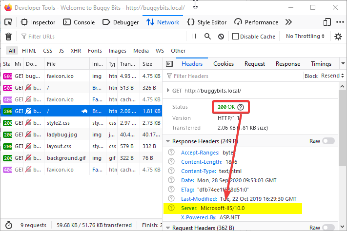 Img 4, Success response 200; in Response headers, the Server is IIS