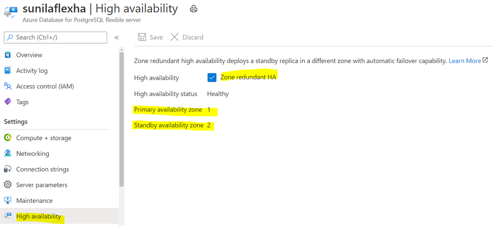 Screenshot from the Azure Portal depicting an Azure Database for PostgreSQL flexible server in a zone-redundant HA configuration, with the primary server in Availability Zone 1 and the standby server in Availability Zone 2.