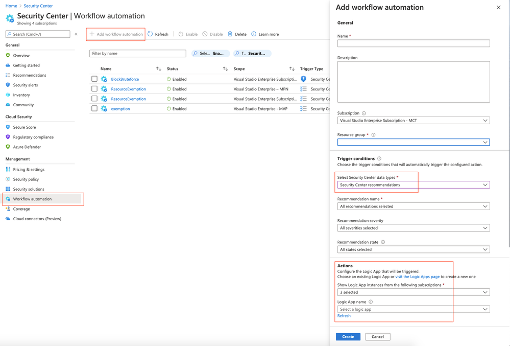 Figure 6 – Add workflow in Azure Security Center