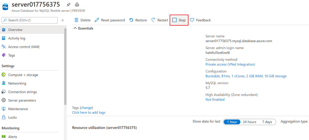 Stop your Flexible Server from the Overview blade in Azure portal