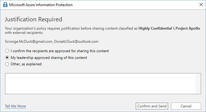 Figure 6: An example of a customized “Justification” pop-up message in Outlook.