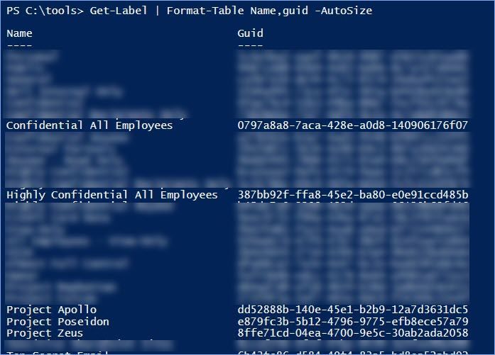 Figure 9: Using PowerShell to see sensitivity labels in the current tenant.