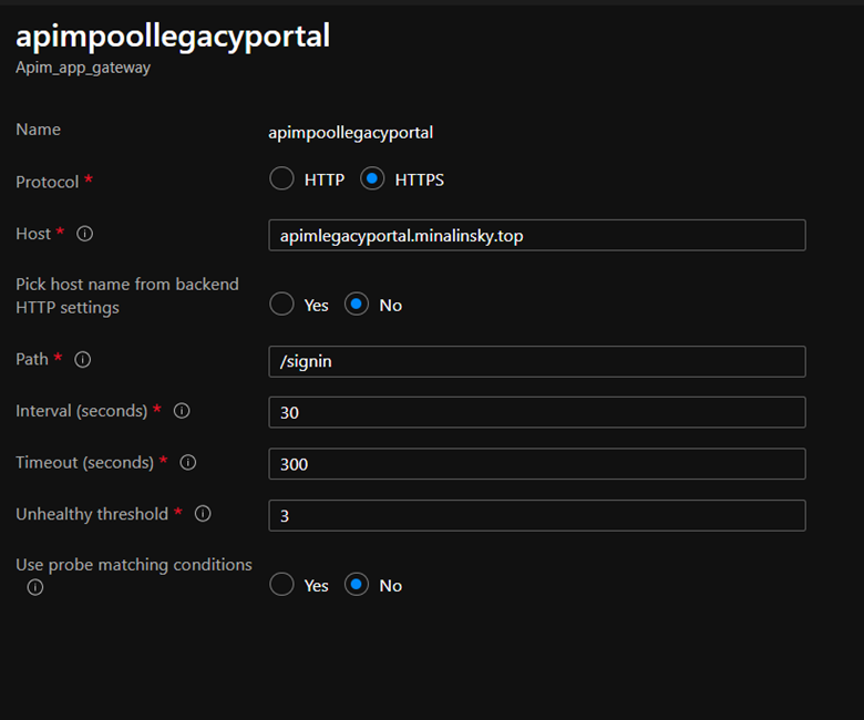 Application Gateway Health Probe setting