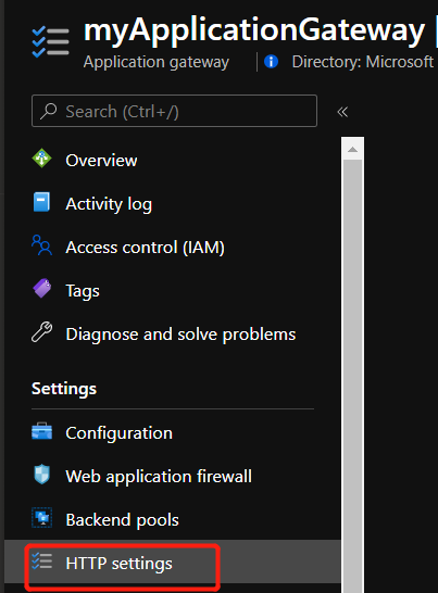 Application Gateway page - Http Settings label