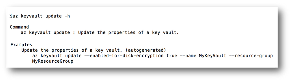 Figure 1. Just like regular examples, our auto-generated examples are accessible through the command line by typing --help/-h in front of the command name. In this Figure, the user has called help on ‘az keyvault update’.