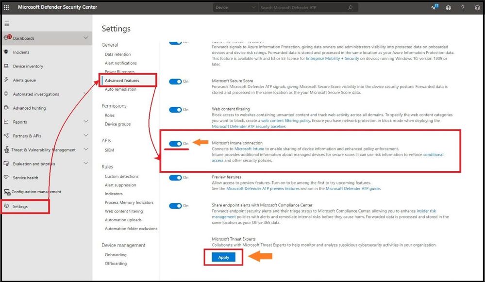 Turning on "Intune" in Microsoft Defender for Endpoint