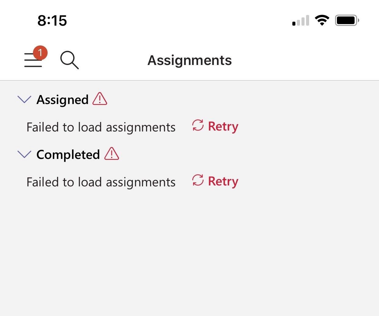 no assignments found for the selected component
