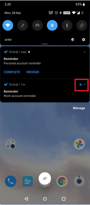 To Do reminders in Android Work Profile