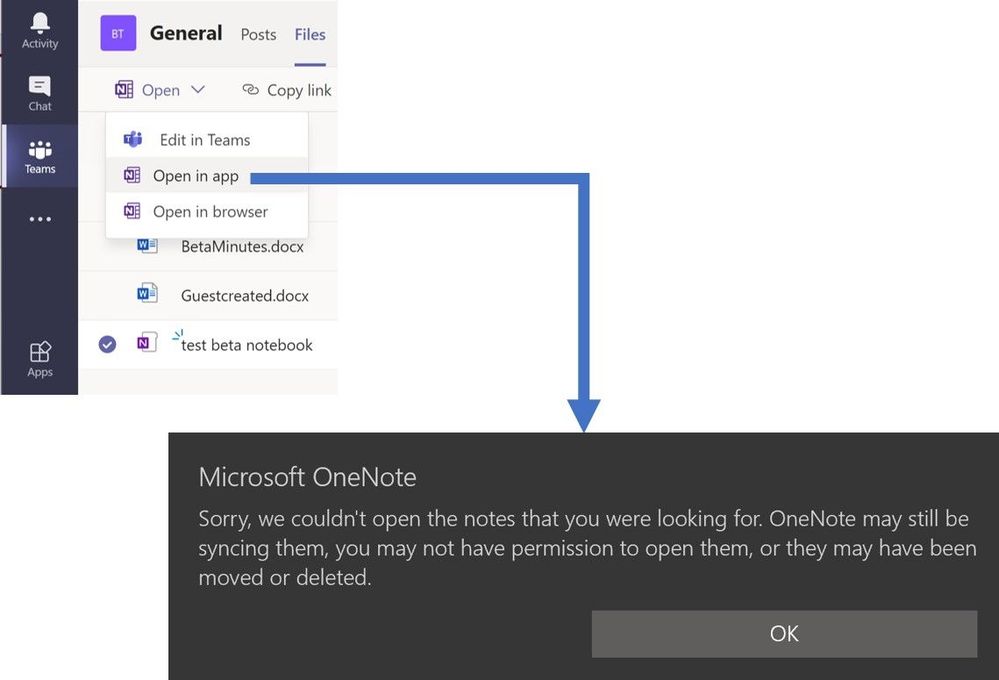 Teams and OneNote failure - OneNote Modern.jpg