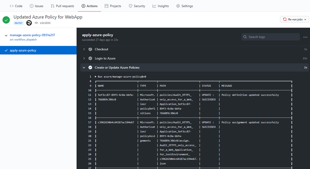 Screenshot of the Manage Azure Policy action within GitHub