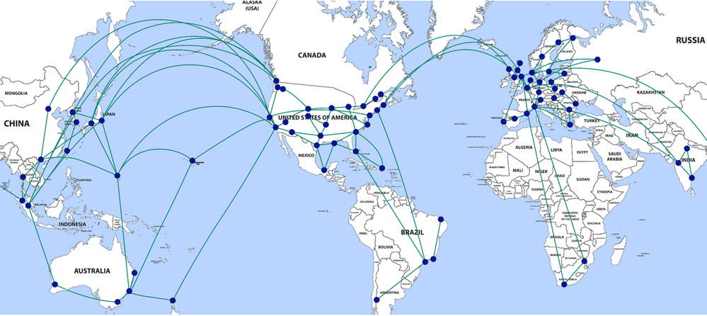 Microsoft global network with each of the blue dots representing Office 365 front end servers around the world