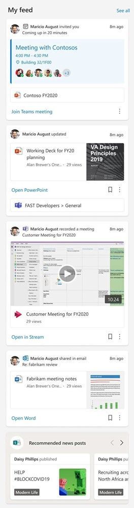 Make your site more dynamic by adding the My feed web part to show a mix of content from across Microsoft 365: videos, documents, meetings, chats, news and more.