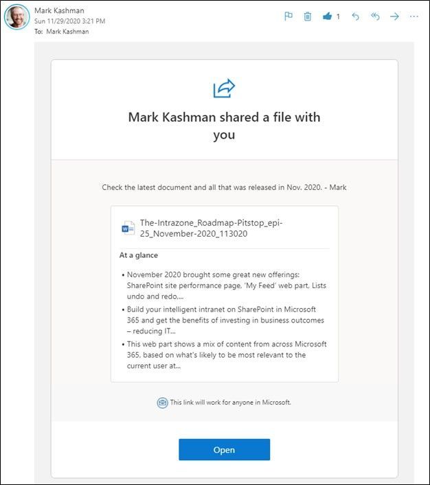 A meta-moment for the SharePoint Roadmap Pitstop – this sharing email summarizes this blog post draft for November 2020 shared as a link via Microsoft Word.