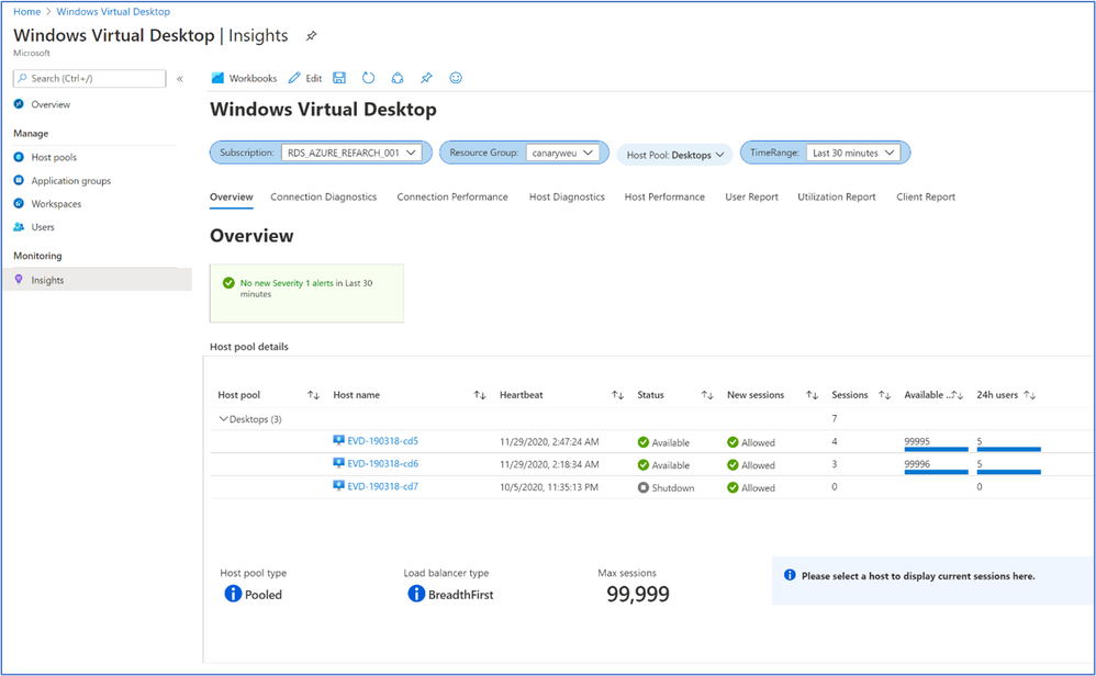 Azure Monitor for Windows Virtual Desktop is available in the Windows Virtual Desktop hub under Insights