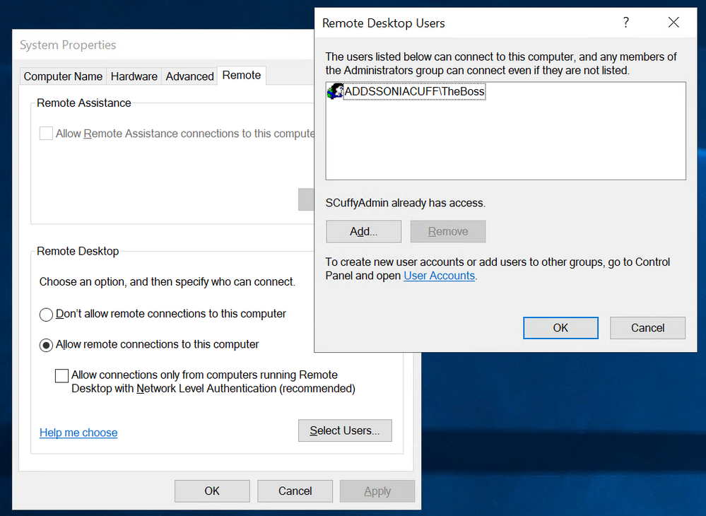 The Remote Desktop Users control on Windows Server 2019
