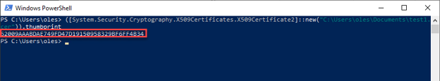 PowerShell terminal displaying the thumbprint of certs stored in a file.