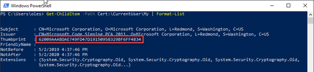 PowerShell terminal displaying the thumbprint of certs stored in a Personal certificate store.