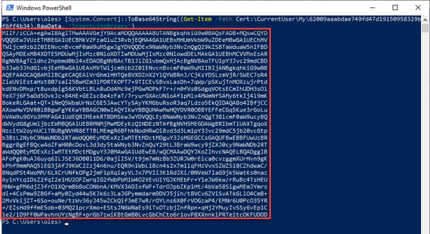 PowerShell terminal displaying the thumbprint of Base-64 certs stored in a Personal certificate store.