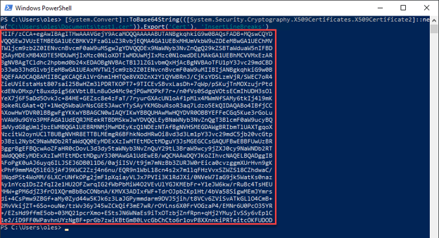 PowerShell terminal displaying the thumbprint of Base-64 certs stored in a .CER file.